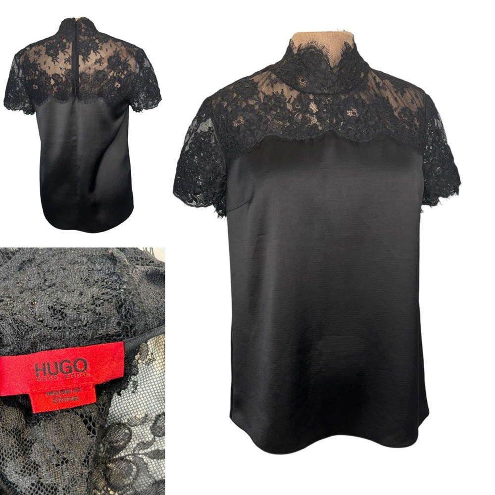 HUGO Hugo Boss Black Lace and silky stretch short sleeve Top size 4
